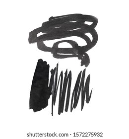 Vector Brush Stroke. Grunge Ink pen. Distressed quill. Black Modern Textured pen Stroke. Curls of a spiral drawn with ink by a sharp feather