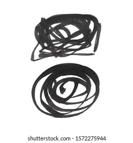 Vector Brush Stroke. Grunge Ink pen. Distressed quill. Black Modern Textured pen Stroke. Curls of a spiral drawn with ink by a sharp feather