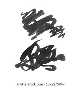 Vector Brush Stroke. Grunge Ink pen. Distressed quill. Black Modern Textured pen Stroke. Curls of a spiral drawn with ink by a sharp feather