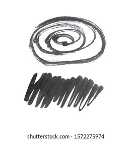 Vector Brush Stroke. Grunge Ink pen. Distressed quill. Black Modern Textured pen Stroke. Curls of a spiral drawn with ink by a sharp feather