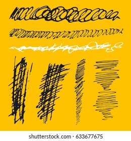 Vector Brush Stroke. Grunge Ink pen. Distressed quill. Black Modern Textured pen Stroke. set