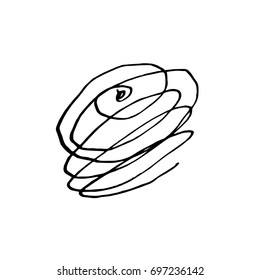Vector Brush Stroke. Grunge Ink pen. Distressed quill. Black Modern Textured pen Stroke. Curls of a spiral drawn with ink by a sharp feather