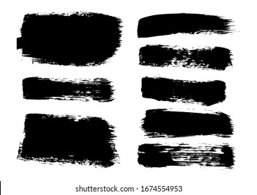 Vector Brush Stroke. Grunge Paint Stripes. Distressed Banner. Black Isolated Paintbrush Collection. Modern Textured Shapes. Dry Border In Black Color. Curved Dry Brush Stroke. Grunge Distress Texture.