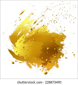 Vector brush stroke and paint splashes. Abstract design element. Gold.