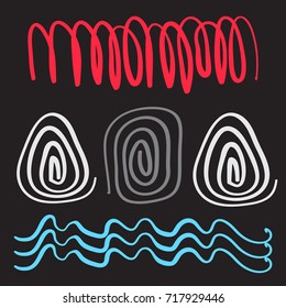 Vector brush stroke, set of decorative elements, circles, ornaments and lines in black and color.