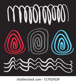 Vector brush stroke, set of decorative elements, circles, ornaments and lines in black and color.