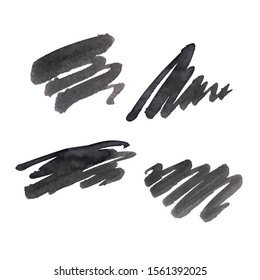Vector Brush Stroke set. Grunge Ink pen. Distressed quill. Black Modern Textured pen Stroke. Curls of a spiral drawn with ink by a sharp feather