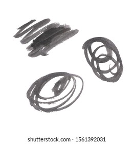 Vector Brush Stroke set. Grunge Ink pen. Distressed quill. Black Modern Textured pen Stroke. Curls of a spiral drawn with ink by a sharp feather