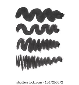 Vector Brush Stroke set. Grunge Ink pen. Distressed quill. Black Modern Textured pen Stroke. Curls of a spiral drawn with ink by a sharp feather