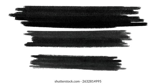 Traçado do pincel vetorial . Conjunto vetorial de pinceladas desenhadas à mão, manchas para panos de fundo. Conjunto de elementos de design monocromático. Listras pretas isoladas. coleção de pincel, eps8