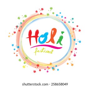 Vector : Brush stroke style of Holi Festival word with colorful round circle and color splash