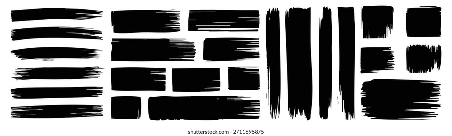 Vector de pinceladas. Rayas negras dibujadas a mano, frotis. Conjunto de pinceladas creativas hechas a mano de pintura negra sucia artística aislada sobre fondo blanco.