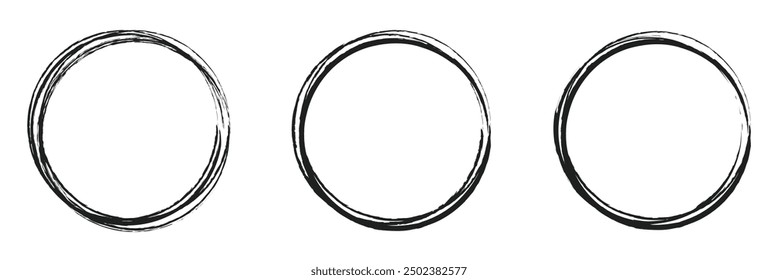 Círculos de pinceladas de Vector sobre fondo blanco. Círculo de pincel de pintura dibujado a mano de tinta. Logotipo, Ilustración vectorial de elemento de diseño de etiqueta. Círculo abstracto negro.