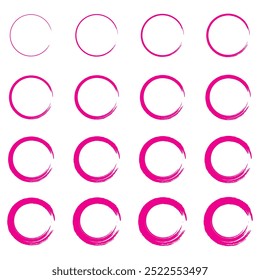 Vector brush strokes circles of paint on white background. Ink hand drawn paint brush circle. Logo, label design elements. Pink abstract circle set.