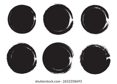 Círculos de pinceladas de Vector sobre fondo blanco. Círculo de pincel de pintura dibujado a mano de tinta. Logotipo, Ilustración vectorial de elemento de diseño de etiqueta. Círculo abstracto negro.