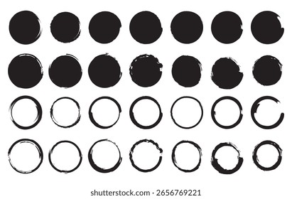 Círculos de pinceladas de Vector sobre fondo blanco. Círculo de pincel de pintura dibujado a mano de tinta. Logotipo, Ilustración vectorial de elemento de diseño de etiqueta. Círculo abstracto negro