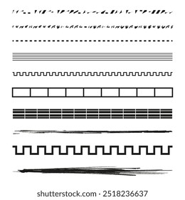Traçados de pincel vetorial. Padrões de linha geométrica. Desenhos de bordas abstratos. Elementos de tinta desenhados à mão.