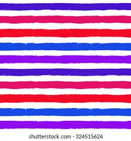 Vector Brush Strokes Red, White and Blue Seamless Pattern. Vibrant geometric background, grunge vector. Hand drawn stripes pattern for fabric print, textile design, fashion clothes. Distress texture