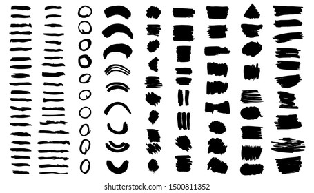 Vector brush strokes set. Thin brush strokes, geometric shapes, rectangle text boxes. 