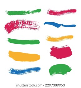 Los trazos de pincel vectorial están manchados. Pinceles coloridos sobre un fondo blanco. Un conjunto aislado de pinceladas decorativas.