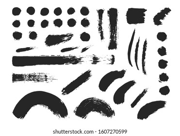 Vector brush strokes and stamps. Grunge paint damaged stripes. Distressed banner. Black isolated paintbrush set. Chinese rough box shapes. Torn border.