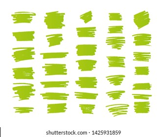 Vector brush strokes text boxes. Green marker stroke set. Grunge design elements, ink stains and abstract textures isolated on white.