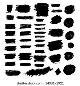 Vector brush strokes text boxes. Black paintbrush set. Grunge design elements, ink stains and abstract textures isolated on white.