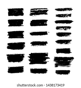 Vector brush strokes text boxes. Black paintbrush set. Grunge design elements, ink stains and abstract textures isolated on white.