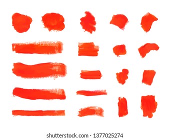 Vector Brush Strokes, Textured Red Paint Smears Isolated on White Background, Design Elements Collection.