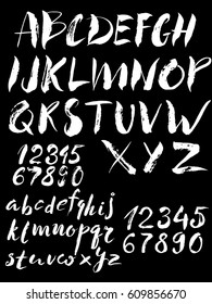 Vector brush style, hand drawn calligraphy alphabet font and numbers 