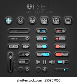 Vector brushed metal dark UI set. High quality design elements