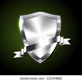Vector brushed silver steel shiny shield with silver ribbon