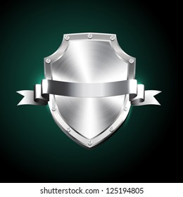 Vector brushed silver steel shiny shield with silver ribbon