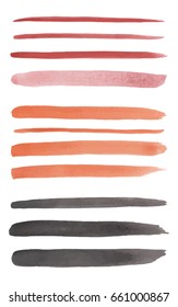 Vector brushes collection for the brush tool in illustrator program. Watercolor hand drawn strokes palette. Red, orange and black lines for your project. 