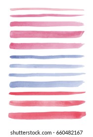 Vector Brushes Collection For Your Brush Tool In Adobe Illustrator. Watercolor Hand Drawn Textured Strokes. Pink, Blue And Red Lines For Your Project. 