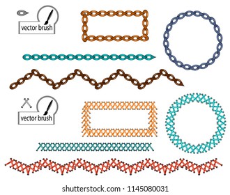 Vector brushes from stitch stitch cross-stitch different types. The zigzag seam or like a frame square and circle decoration and decor Handicrafts.