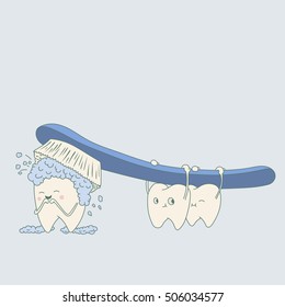 Vector brushing cute character teeth illustration.