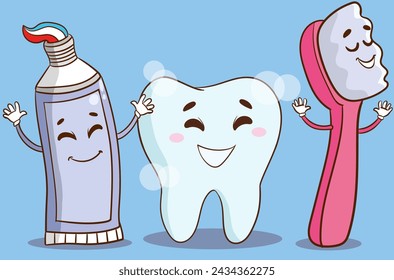 Concepto de dientes de cepillado vectorial con personaje de dibujos animados