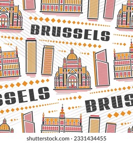 Vector Brussels Seamless Pattern, repeat background with illustration of famous brussels city scape on white background for wrapping paper, decorative line art urban poster with black text brussels