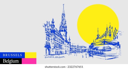 Vector Brussels Town Hall, Belgium drawing postcard. Grote Markt (Grand Place) town square artistic travel sketch in bright vibrant colors. Modern hand drawn touristic art poster, book illustration
