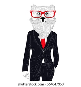 Vector brutal bear in elegant classic suit. Hand drawn anthropomorphic animal with mustache, beard, glasses. Illustration for t-shirt print, kids greeting card, invitation for pets, gentleman party.