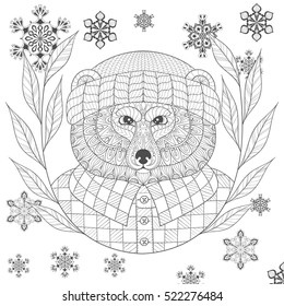 Vector brutal bear in hat, flannel shirt in zentangle, doodle style. Sketch for tattoo, postcards, adult anti stress coloring page. Animal t-shirt print