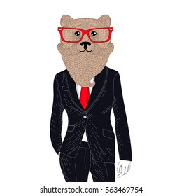Vector brutal brown bear in elegant classic suit. Hand drawn anthropomorphic grizzly with mustache, beard, glasses. Illustration for t-shirt print, greeting card, invitation for pets, gentleman party