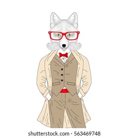 Vector brutal fox in elegant classic suit with coat. Hand drawn anthropomorphic animal with mustache, beard, glasses, illustration for t-shirt print, greeting card, invitation for gentleman party