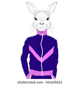 Vector brutal rabbit boy in blue sports suit. Hand drawn anthropomorphic bunny