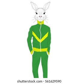 Vector brutal rabbit boy in sport suit 90s. Hand drawn anthropomorphic animal cartoon, cheerful fashion bunny in sportwear, illustration for t-shirt print, kids greeting card, invitation for party