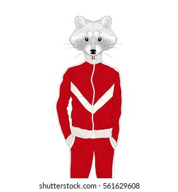 Vector brutal raccoon boy in sport suit 90s. Hand drawn anthropomorphic animal cartoon, cheerful fashion bunny in sportwear, illustration for t-shirt print, kids greeting card, invitation for party