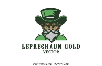 Vector brutal serious gray-bearded green leprechaun in a top hat. Logo, sticker or emblem. White isolated background.