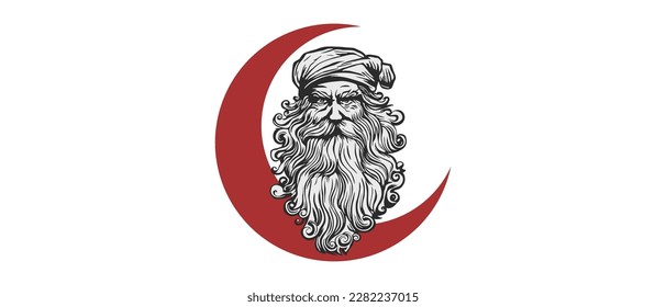 Vector brutal serious menacing old man in a turban with a big beard. Oriental ancient sage. Muslim grandfather philosopher and crescent moon. Logo, sticker or icon. Isolated background.