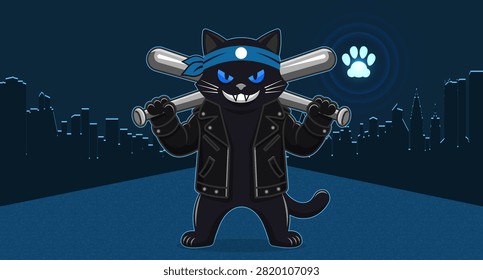 Vector brutal smiling cartoon black cat, leather jacket, holding two baseball bats. Toon puss, street thug. Bright glowing feline paw. Dark nighttime city. Wild impudent animal. Headband, bandana